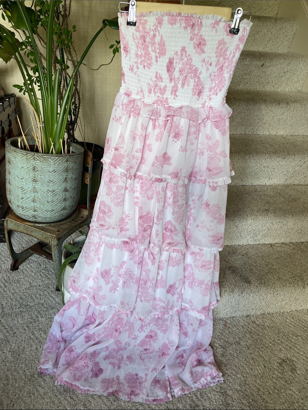 Altard State Strapless Flowy Pink Floral Tiered Maxi Dress